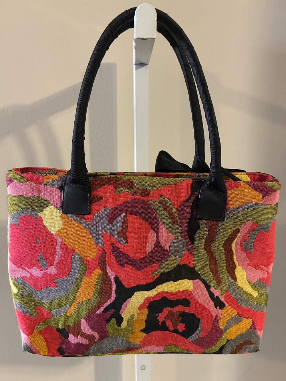 Talbots Floral Multicolor Canvas Tote Bag with Black Bow Like New - Picture 3 of 7